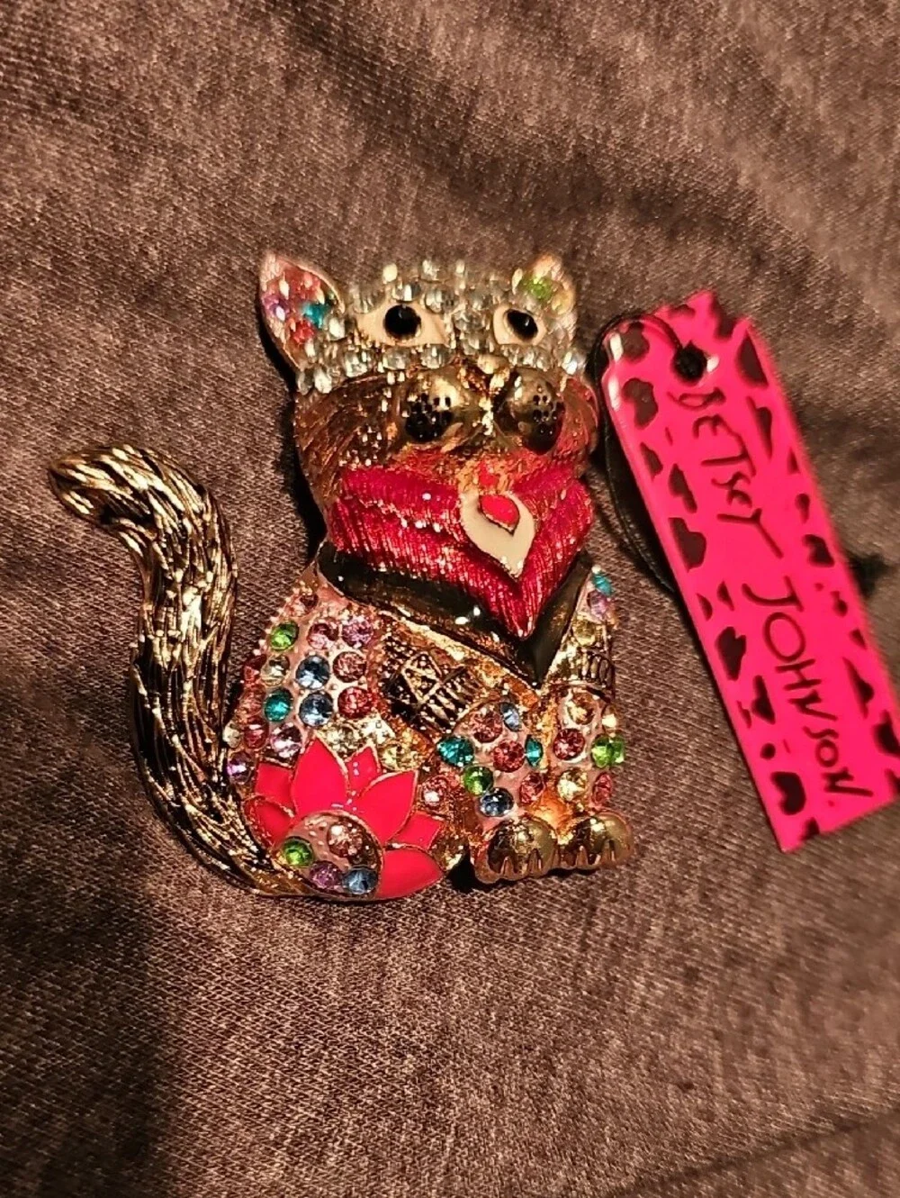 Betsey Johnson Gold Tone Jeweled Cat Brooch with Pink Tag